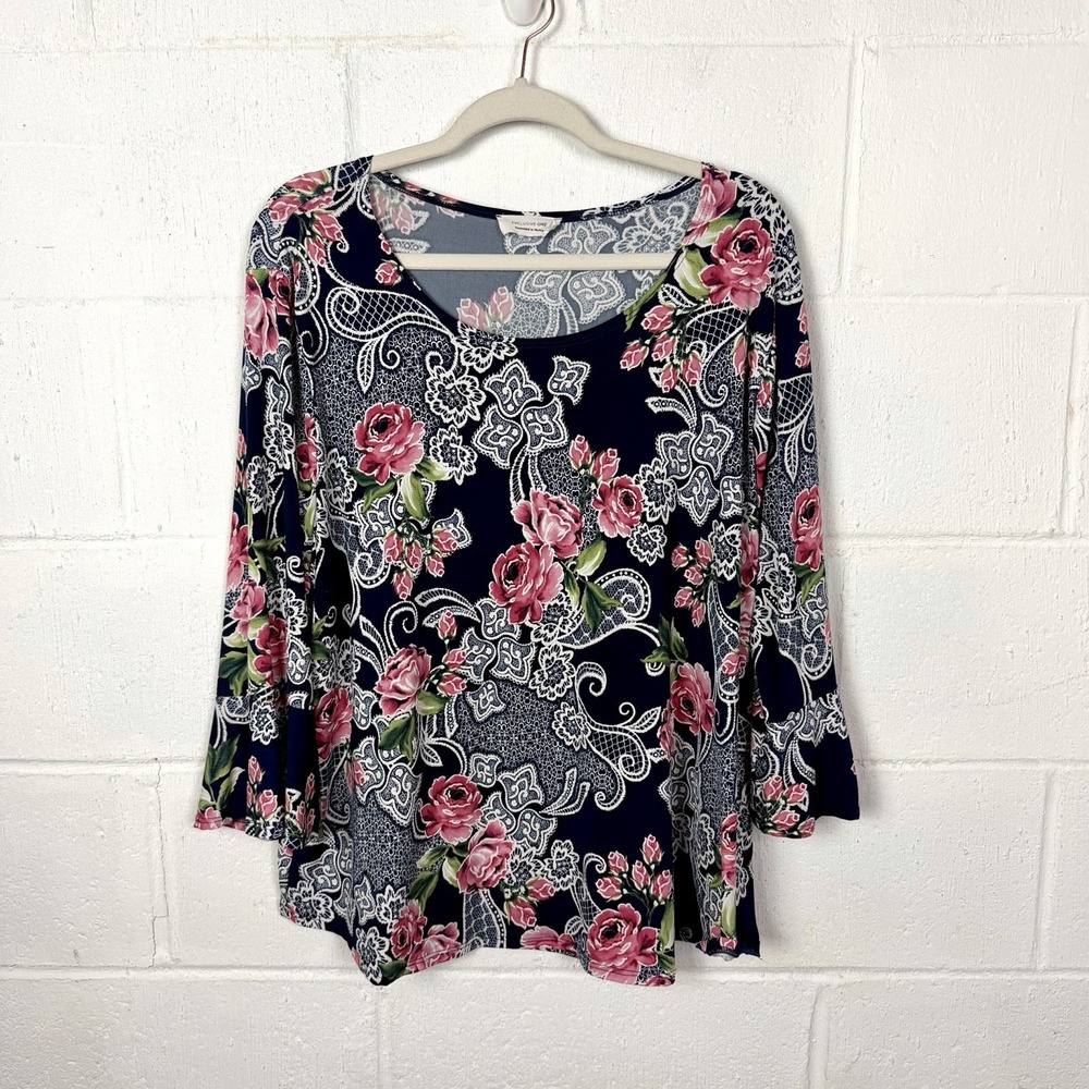 Exclusive One Floral Tunic Top Plus Size 3X Blue Pink Flare Sleeves Maximalist